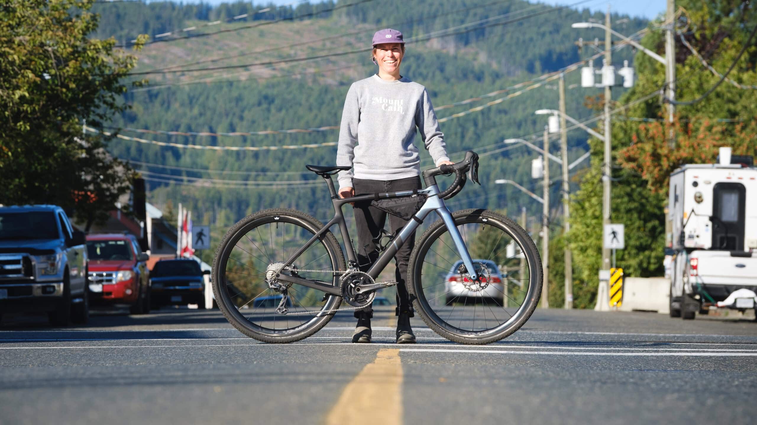 Victoria with her adventure steed in downtown Cumberland.